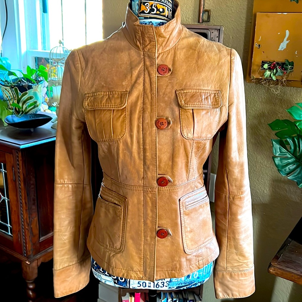Leather Military Jacket with Zipper, Buttons and Side Pockets - Carmel EUR sz 12
